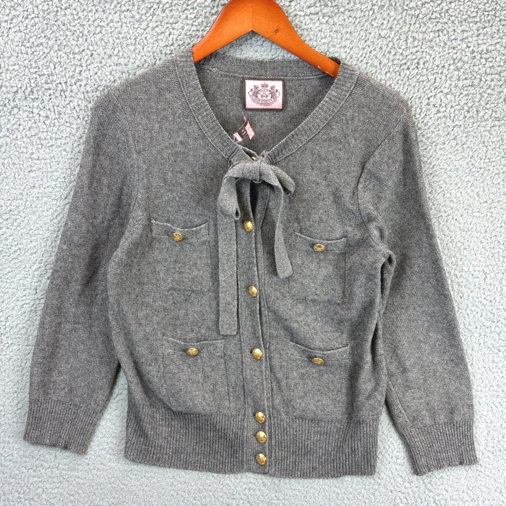 Juicy Couture Tie Neck Cardigan Sweater Womens L Gray Gold Button Preppy Y2K
